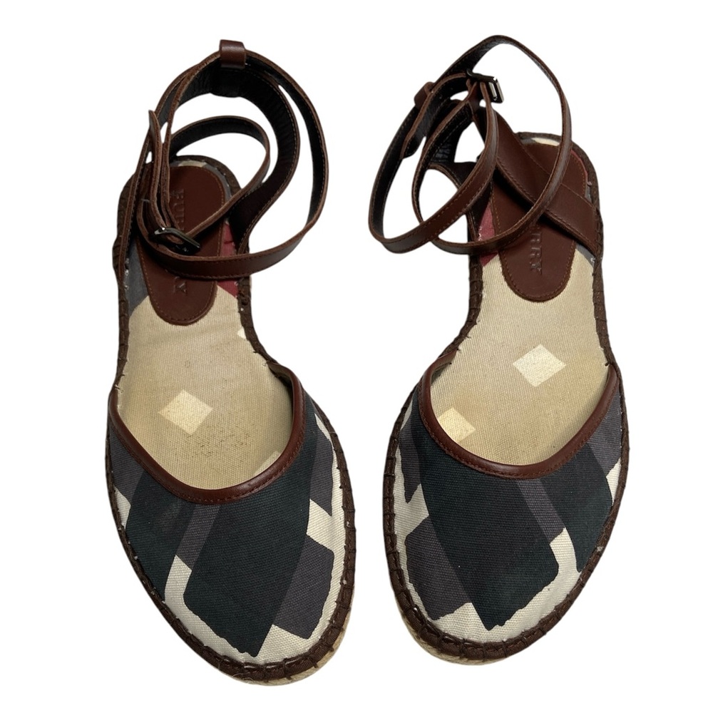 Burberry Tricolor Canvas And Leather Ankle Wrap Espadrille Flats Size 40